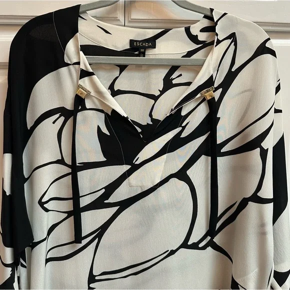 Escada 100% Silk Floral Tunic Dress with Pockets Black White Red Size 38 - Picture 4 of 15